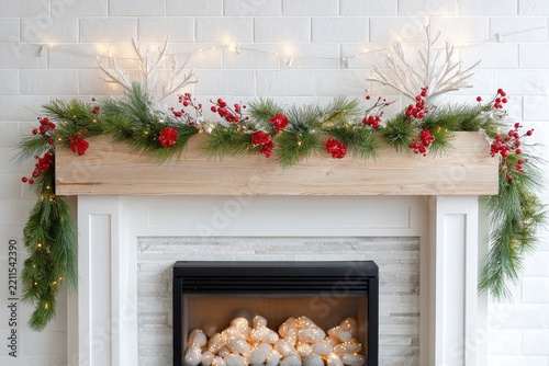 Cozy christmas mantel with festive garland and twinkling fairy lights in bright living room