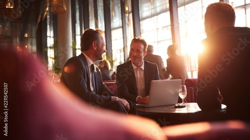 Businessmen Engaged in Conversation in Modern Lounge with Sunlit Windows
