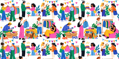 Seamless pattern with secondhand clothes exchange and eco friendly fashion