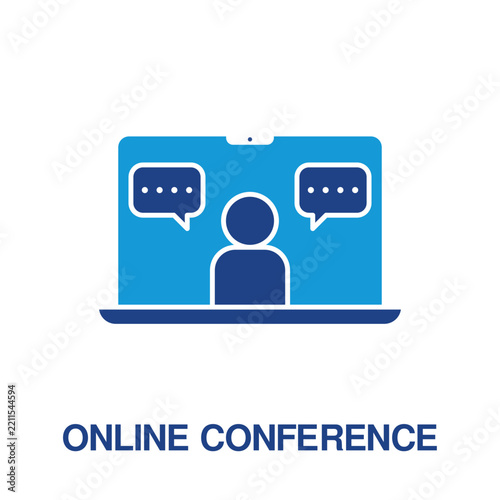 Online Conference Outline Icon with Video Call and Microphone, icon blue style