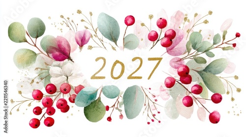 Elegant 2027 wreath with watercolor greenery and red berries for holiday decor