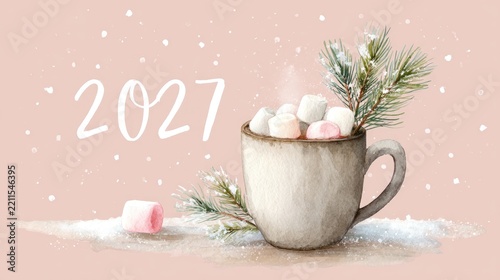 Cozy winter mug with marshmallows and pinecones on festive background