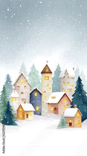 Charming winter village with snowy landscape and cozy lit houses