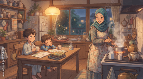 A warm and cozy kitchen scene at dusk, where a mother in a hijab cooks at the stove while her two young sons study at the wooden table.