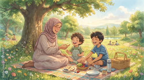 A joyful Muslim mother and her two young sons enjoying a sunny picnic in a vibrant park, sharing food and laughter under a large tree.