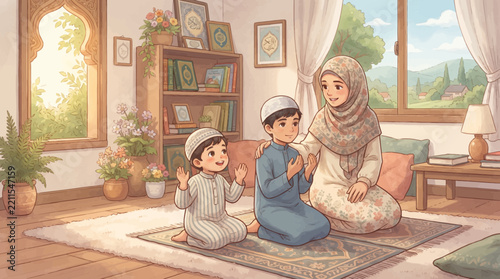 A Muslim mother teaches her two young sons how to pray on a prayer rug in a warm, sunlit home, surrounded by Islamic books and a peaceful atmosphere.
