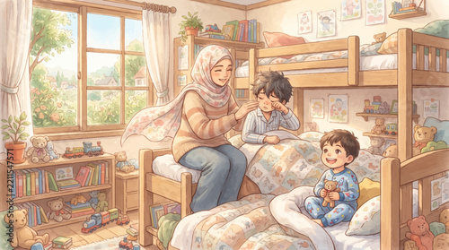 A loving mother in a hijab comforts her crying son on a bunk bed while another happy child sits below, surrounded by toys in a cozy bedroom.