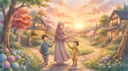 A Muslim mother and her two children walk hand-in-hand through a beautiful, sun-drenched village path surrounded by colorful flowers and charming houses.