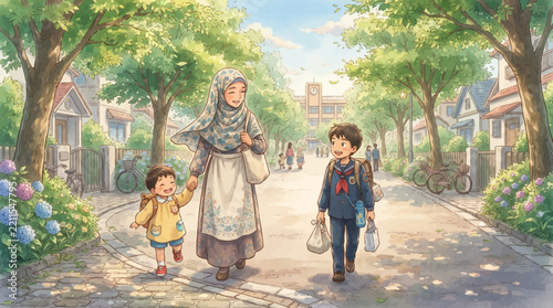 Muslim mother walking hand-in-hand with her two children on a sunny, tree-lined street with houses and flowers, depicting a peaceful family outing.