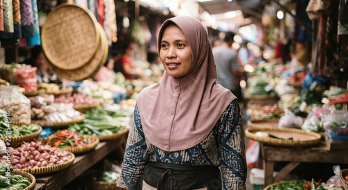 Indonesian Woman in Hijab at Traditional Market, Candid Portrait
