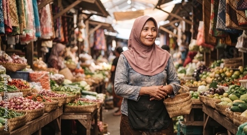 Indonesian Woman in Hijab at Traditional Market, Candid Portrait
