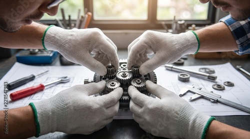 Skilled technicians in white gloves meticulously assemble a complex mechanical component together on a workbench.