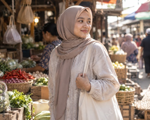 Indonesian Woman in Hijab at Traditional Market, Candid Portrait
