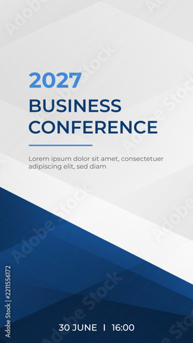 Business conference stories background. White and blue invitation poster template. Vertical geometric backdrop suitable for flyer, social media, cover design, poster, web banner. Vector illustration