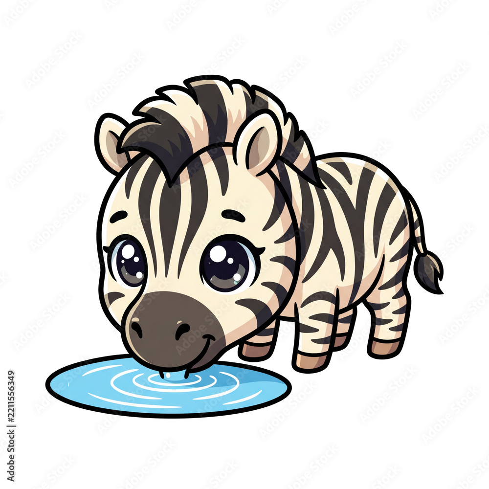 Fototapeta premium Cute Zebra Cub Drinking Water: A charming cartoon zebra cub with big, expressive eyes and distinctive black and white stripes bends down to drink from a small puddle.