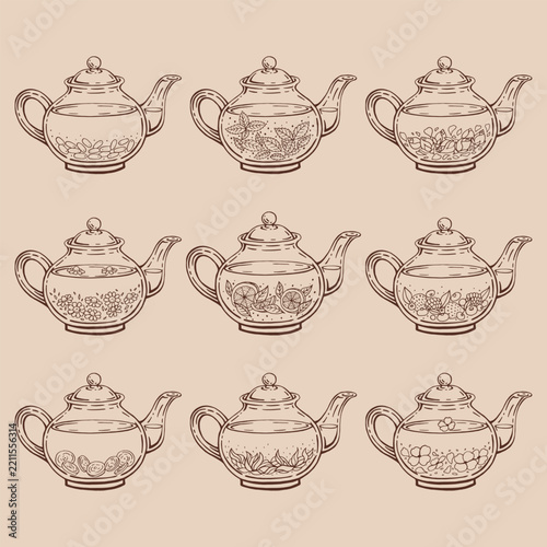 Set with teapot. Tea. Hand drawn vector illustration.