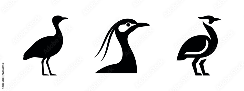 Obraz premium Abstract Bustard or Crane Bird Silhouettes and Head Detail