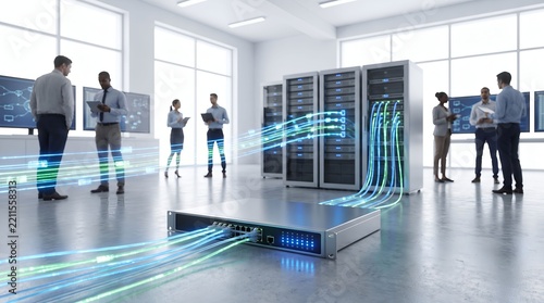 Team of business professionals working in a server room with data streams