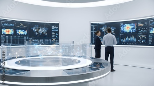 Data analysts monitoring global information on large interactive wall screens