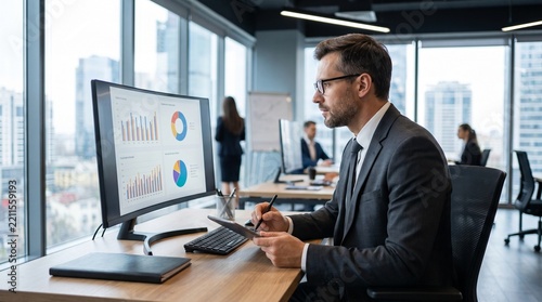 Focused businessman analyzing financial data on computer screen in modern office.