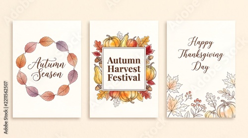 Set of three elegant autumn harvest festival posters with watercolor leaves, pumpkins, and seasonal calligraphy on beige background