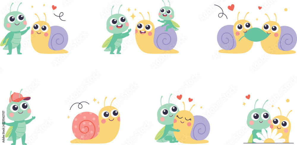 Obraz premium Cute Cartoon Snail and Grasshopper Insect Character Set with Friendly Bugs Sharing Leaf Flowers and Hugs for Kids Design Vector