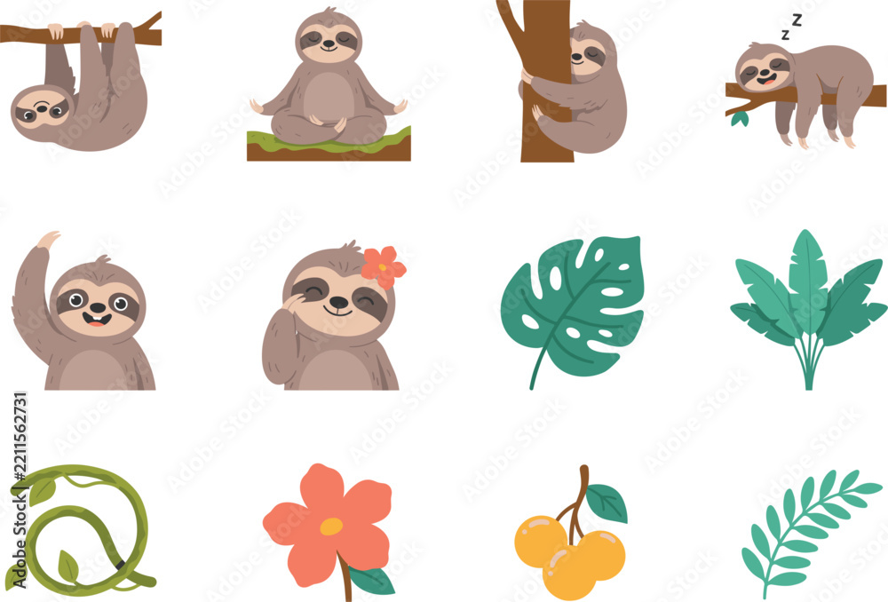 Obraz premium Cute Cartoon Sloth Character Icon Set with Tropical Monstera Leaves, Jungle Vines, and Flowers for Wild Animal Nursery Sticker Designs