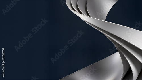 corporate presentation background, elegant flowing metallic silver ribbons and smooth geometric curves against a deep navy blue background,