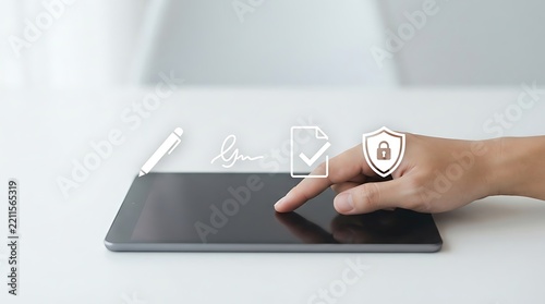Digital electronic signature on tablet screen, online contract signing process, secure document verification concept, modern corporate workflow