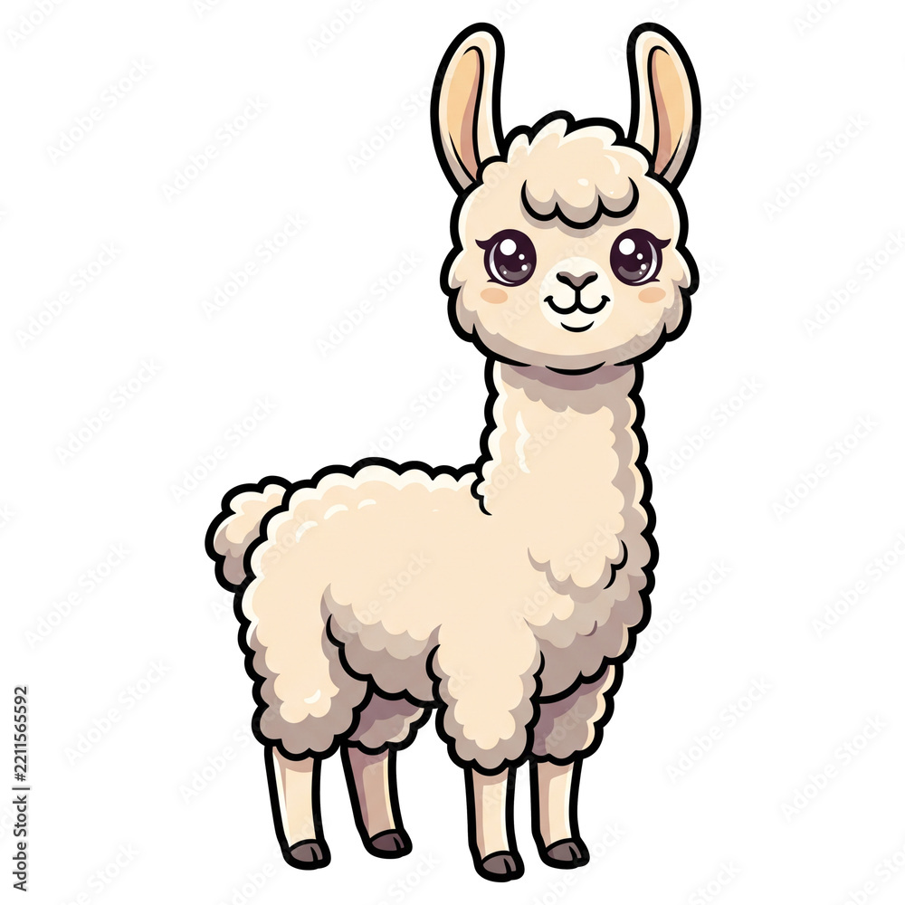 Fototapeta premium Cute Llama Cartoon: An adorable, fluffy llama with big, expressive eyes stands proudly, showcasing its unique charm and gentle demeanor in a simple, clean presentation.