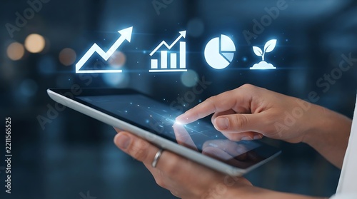 Digital tablet financial growth analytics dashboard, business performance interactive charts, glowing data interface overlay
