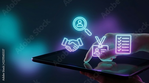 Futuristic human resources technology concept, glowing neon icons on digital tablet screen, modern recruitment and candidate search interface