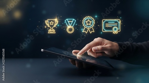 Glowing award icon collection on tablet screen, digital trophy and medal graphic icons, quality guarantee concept for business success background