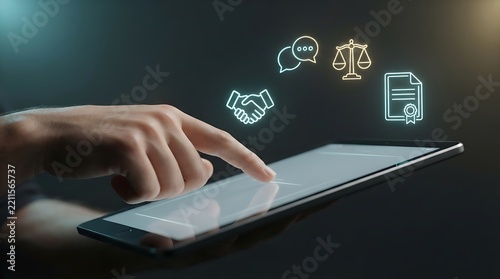 Digital legal advice concept on modern tablet, virtual contract signing and compliance technology, online law service interface