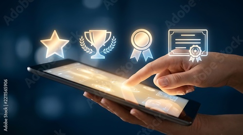 Digital award icons on tablet display, glowing golden trophy star medal certificate overlays, quality assurance and business excellence concept