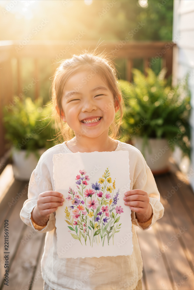 Fototapeta premium Child smiling, holding watercolor wildflower painting on sunny outdoor deck, representing childhood creativity and joy.
