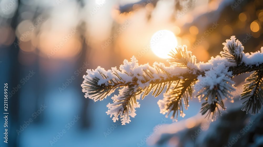 Fototapeta premium Frosted pine branch at sunset