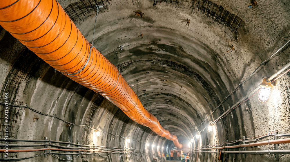 Fototapeta premium Tunnel construction with large orange ventilation duct in deep underground, essential infrastructure engineering project.