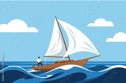 A white sailing yacht glides smoothly across the open sea waves under a bright blue sky. The vector illustration represents marine travel, sailing, and summer vacations.