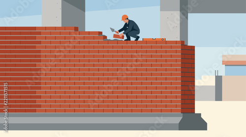 A construction worker is laying red bricks to build a solid wall on a job site. The vector illustration represents architecture, construction work, and building development.