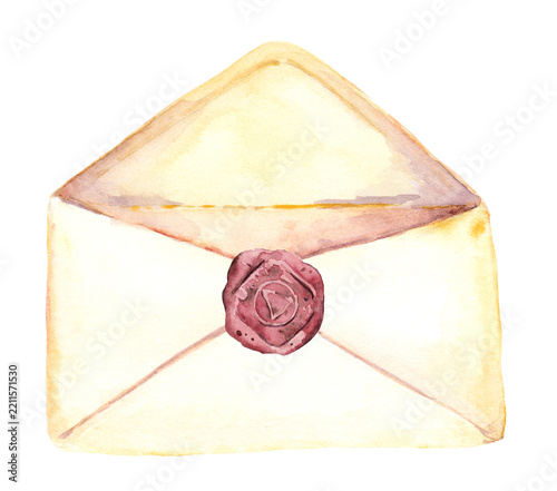 Watercolor open envelope with a rose-colored wax seal and raised flap, isolated on white for wedding announcements, romantic correspondence, packaging, and invitation design. Part of a coordinated mat