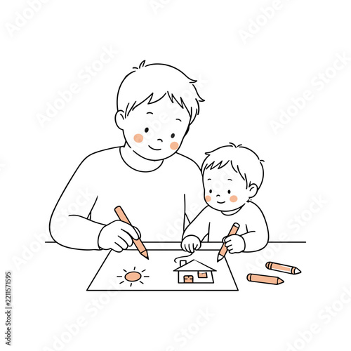 A line art vector illustration shows a parent guiding a child's hand while drawing with crayons in a sketchbook. The educational graphic highlights creative development and shared art activities.