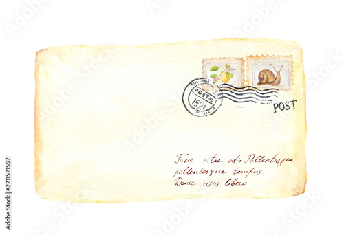 Watercolor illustration of a cream envelope with postage stamps, postal marks, and handwritten address on white, suitable for stationery, invitations, and correspondence. Part of a coordinated matchin