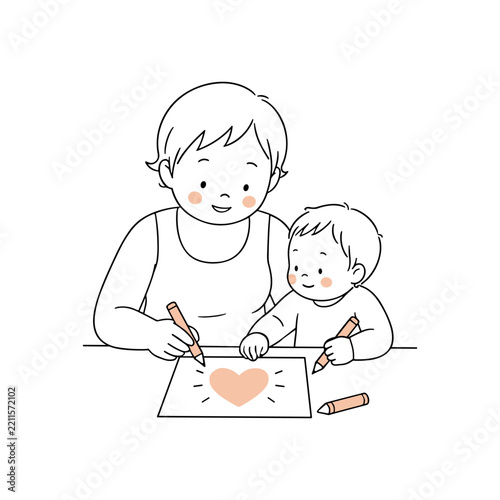 An outline vector illustration shows a parent and child drawing a heart together on a piece of paper. The heartwarming graphic portrays creative activities, family love, and early education.