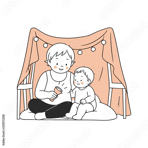 A line art illustration with soft peach accents depicts a parent and child sitting together inside a cozy blanket fort. The warm vector graphic represents family bonding, home playtime.