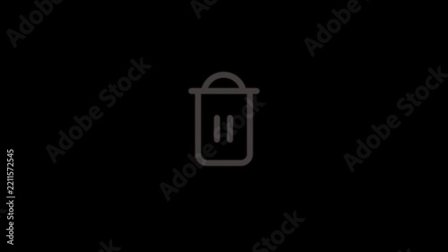 Animated trash can icon with paper thrown in on  black screen background. Throwing rubbish in dustbin, Trash animation concept