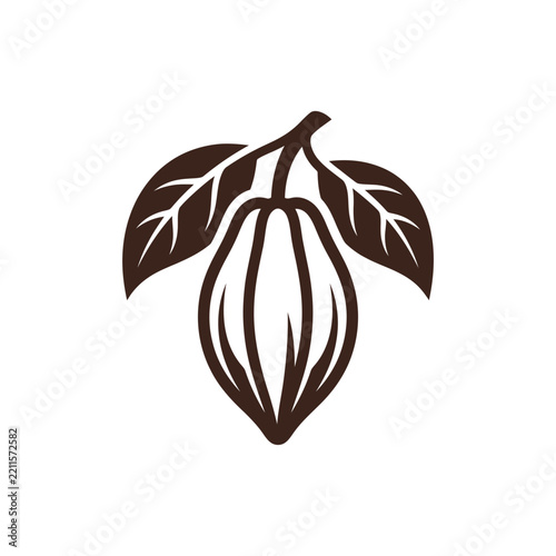 Stylized Dark Cocoa Pod with Leaves Vector Illustration for Chocolate Branding