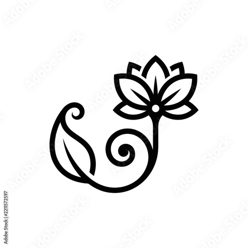 Stylized lotus flower line art with decorative leaf and vine