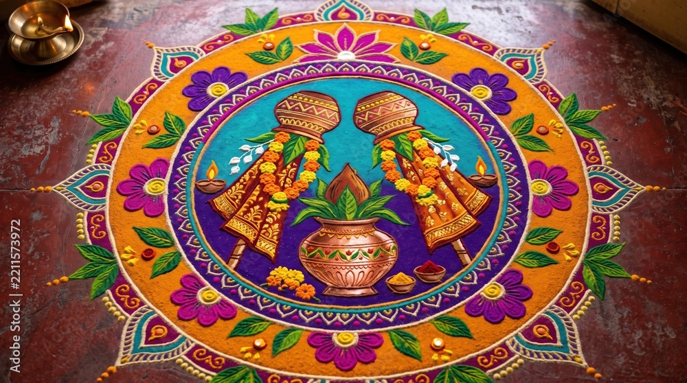 Obraz premium Colorful Gudi Padwa rangoli design on floor. Traditional floral sand art with kalash and auspicious gudi motifs for Marathi New Year