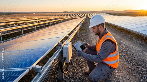 Solar Energy Engineer Inspecting Photovoltaic Panels at Sunset